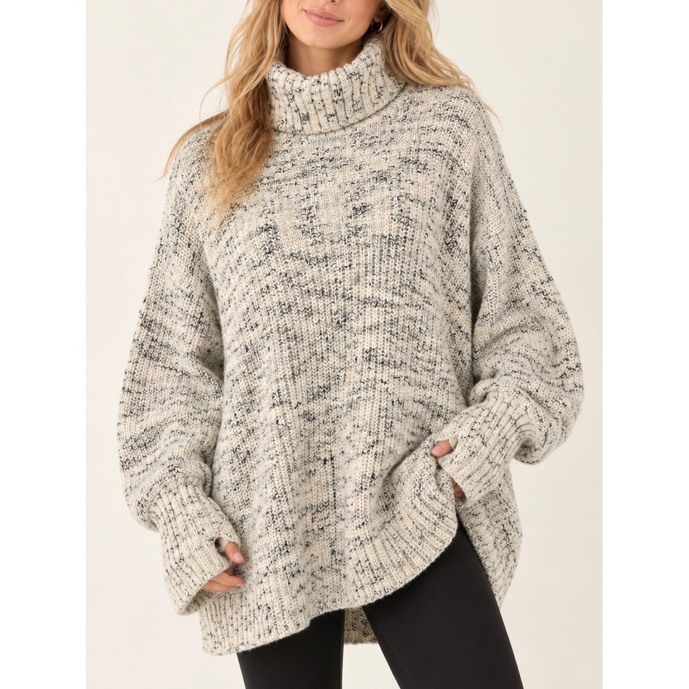 OFFLINE by Aerie Chillside Oversized Marled Turtleneck Sweater Gray Cream Size L